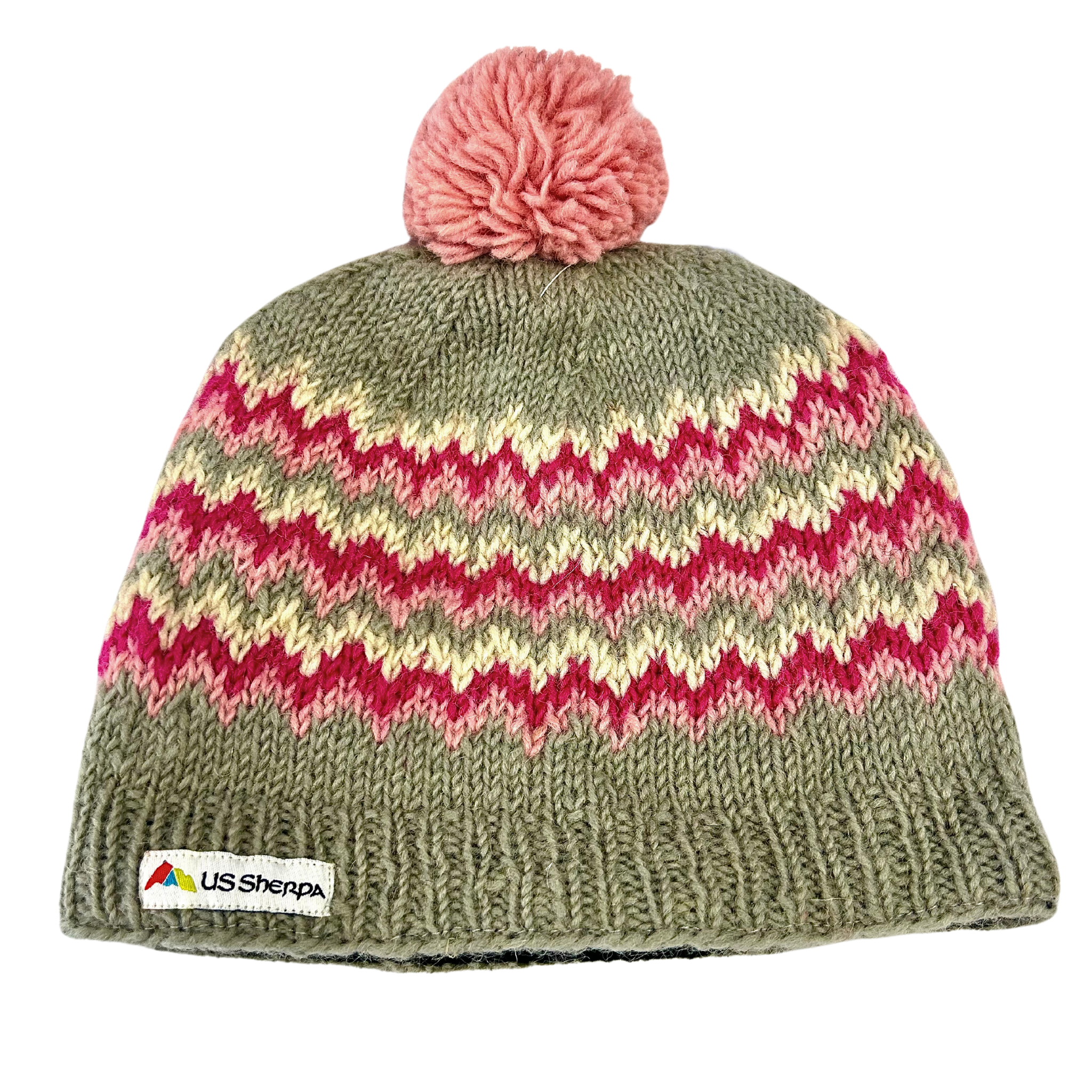 Knitted beanie with pink and green pattern and pom-pom on a white background