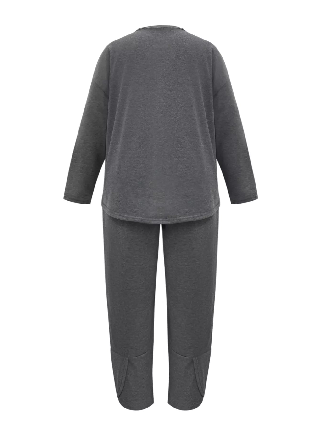 Gray long-sleeve top and pants set on a white background