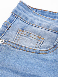 Close-up of a blue denim pocket with stitching details on a white background