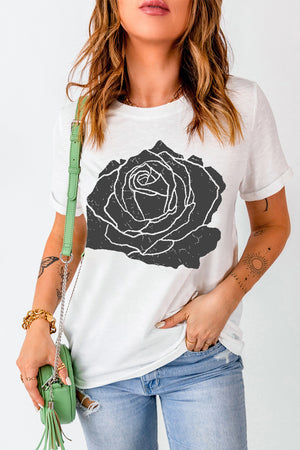 White Rose Graphic Round Neck Short Sleeve T-Shirt