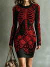 Skeleton Floral Long Sleeve Bodycon Dress For Women