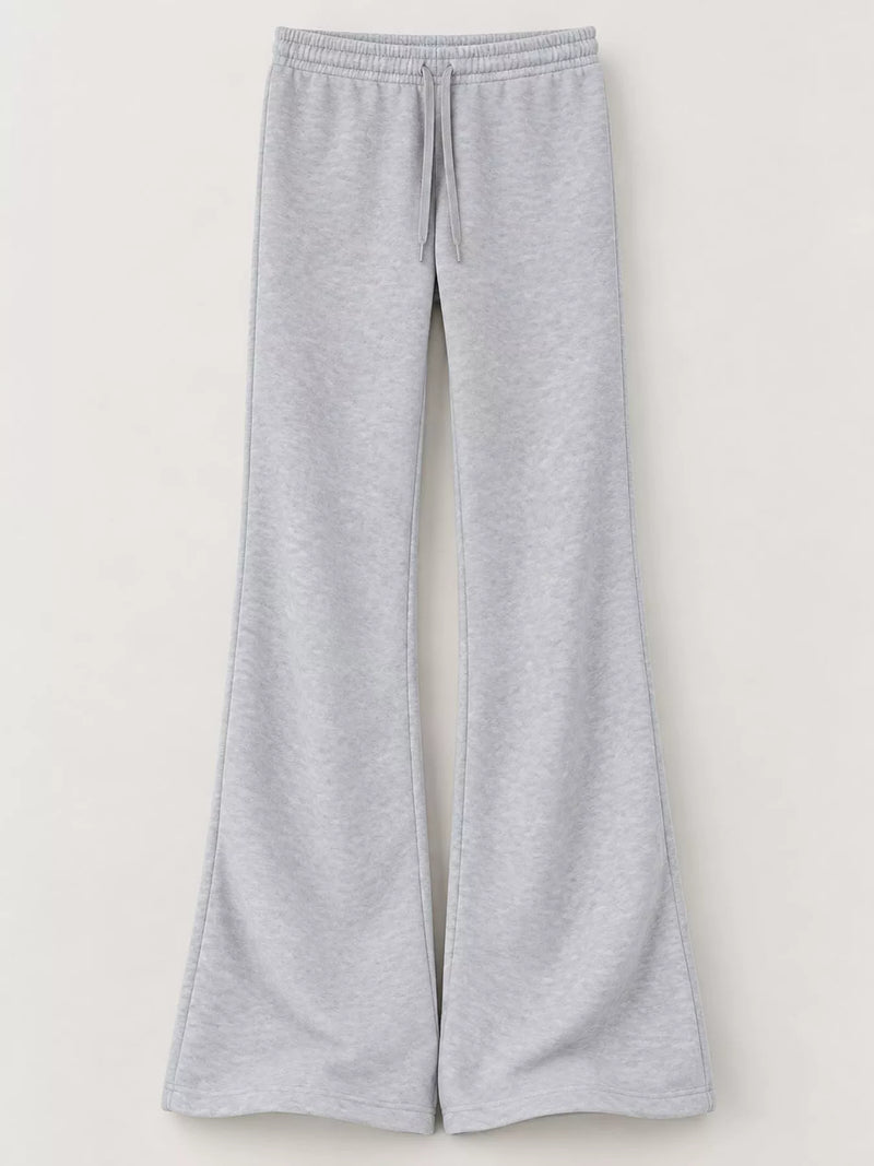 Light gray heathered wide-leg sweatpants with an elastic waistband and drawstring, shown flat against a light beige background.