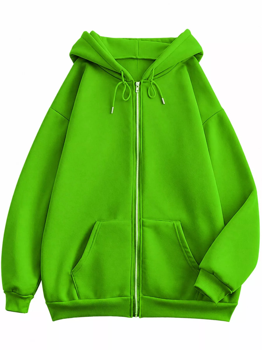 A bright lime green zip-up hoodie with a front zipper, drawstrings, and kangaroo pockets, shown against a plain white background.