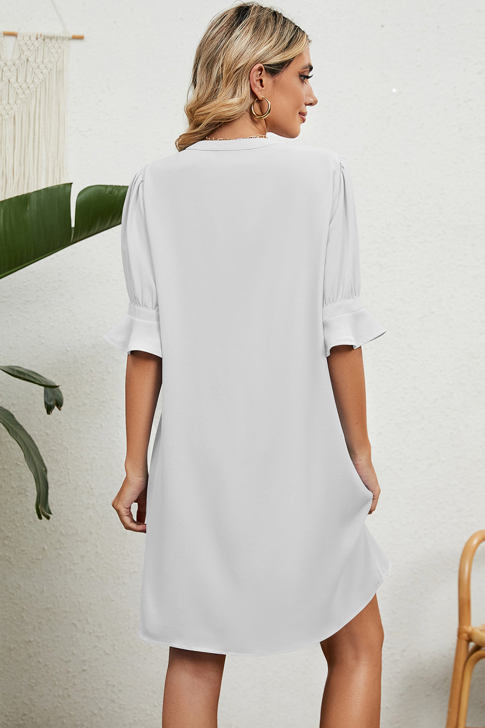 Back view of white Notched Flounce Sleeve Mini Dress