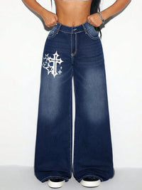 Wide-leg jeans with a star and cross design on a white background