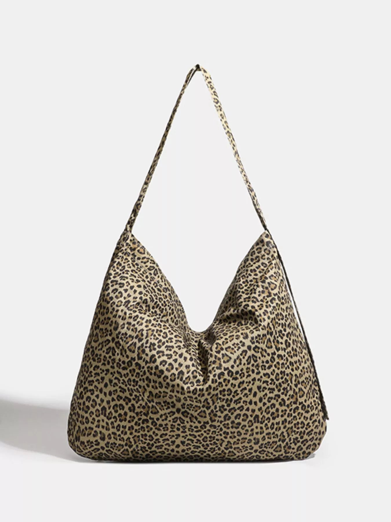 Leopard print handbag with a chain detail on a light gray background