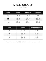 A size chart table showing measurements in inches for sizes S, M, and L, with columns for bust, length, shoulder, waist, and sleeve length on a white background.