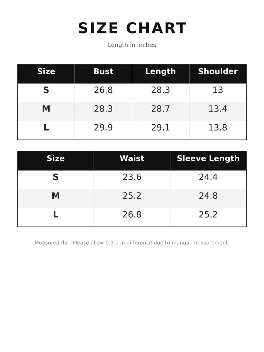 A size chart table showing measurements in inches for sizes S, M, and L, with columns for bust, length, shoulder, waist, and sleeve length on a white background.