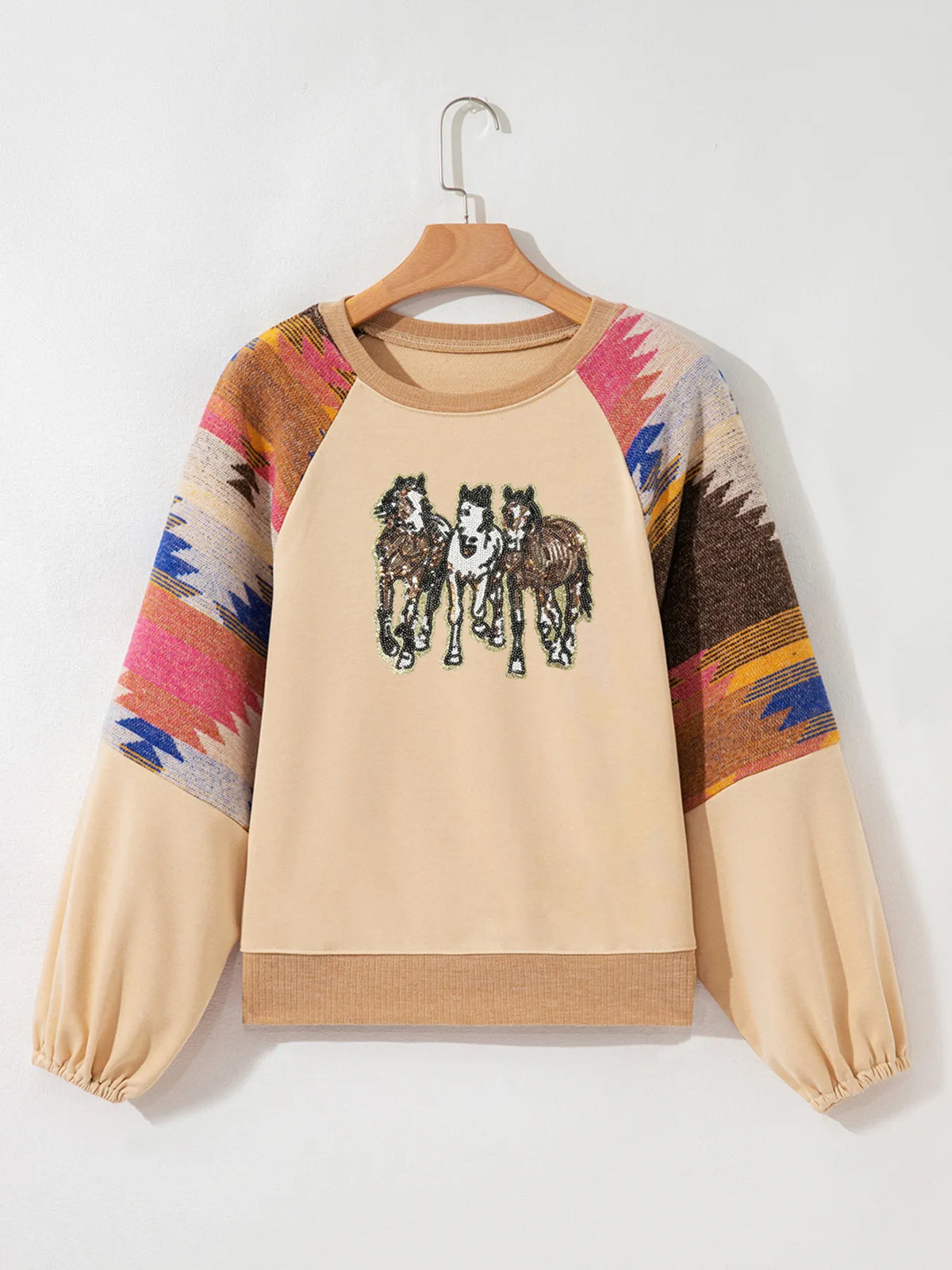 Beige sweater with colorful sleeves and horse graphic on a hanger against a white background