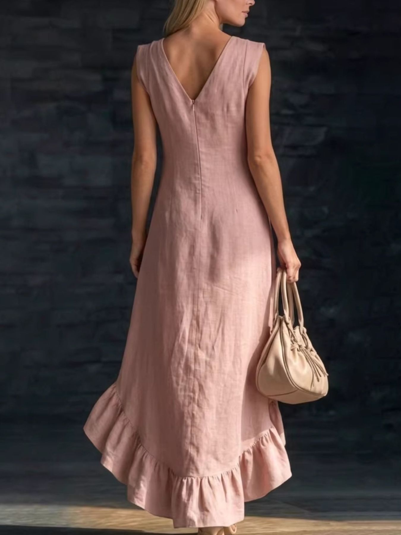 Woman wearing a pink dress holding a beige handbag against a dark background