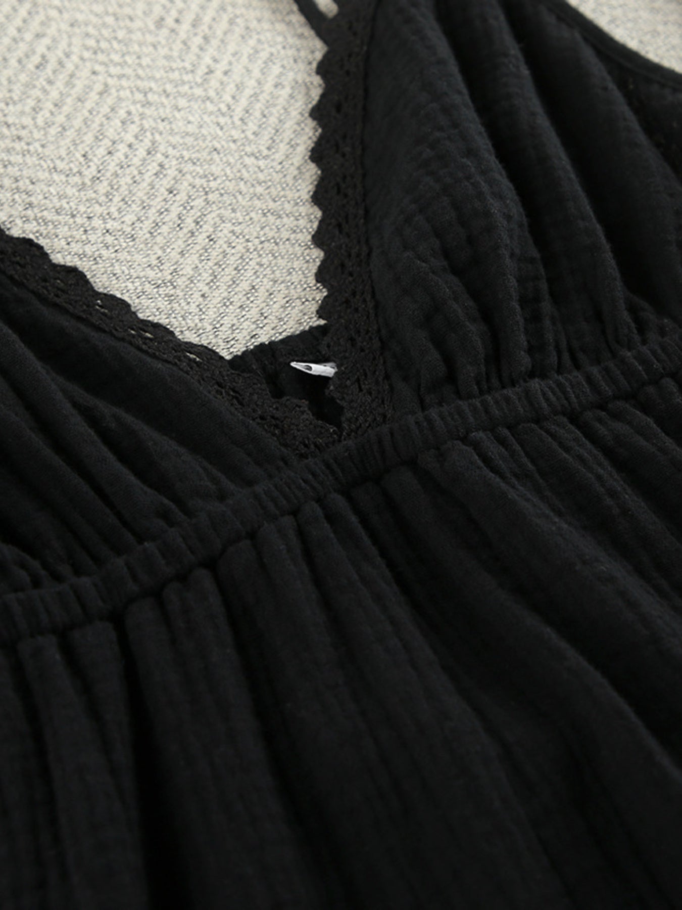 Close-up of a black dress with textured neckline