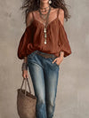Women White Chic Flowy Cold Shoulder Balloon Sleeve Blouse