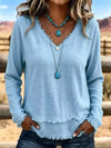 Women's V-Neck Long Sleeve Blouse with Frayed Hem Detail