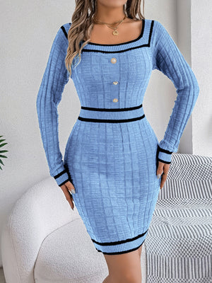 Blue Contrast Trim Long Sleeve Sweater Dress