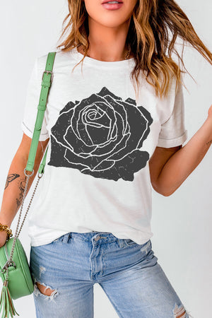 Front view of Rose Graphic Round Neck Short Sleeve T-Shirt