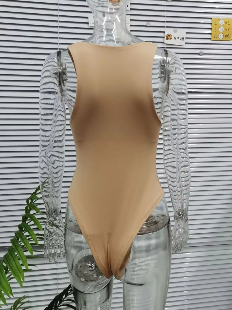 Beige bodysuit on a transparent mannequin against a striped background