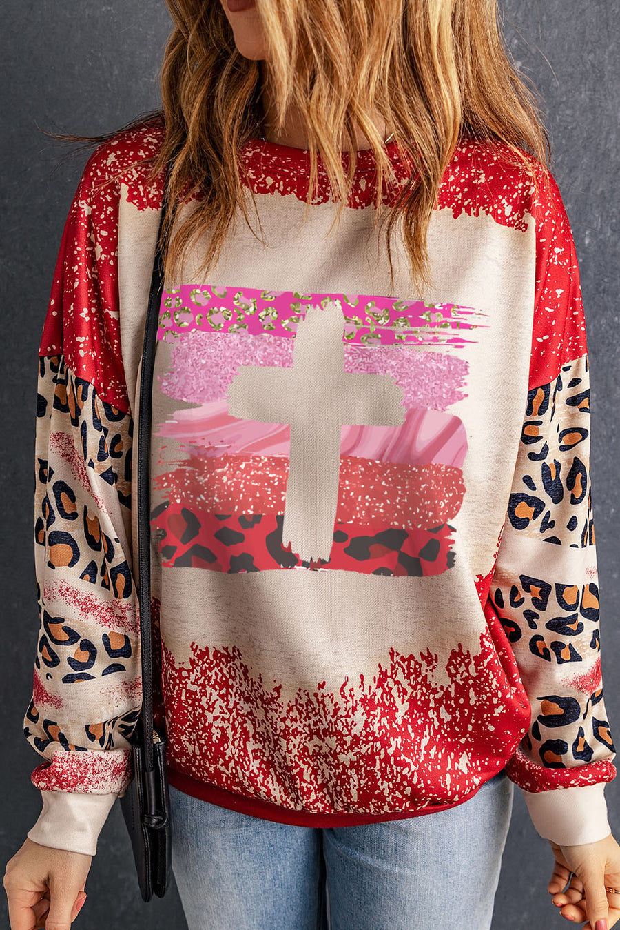 Front view of Leopard Round Neck Dropped Shoulder Sweatshirt