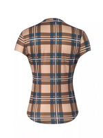 Plaid shirt with a brown and blue pattern on a white background