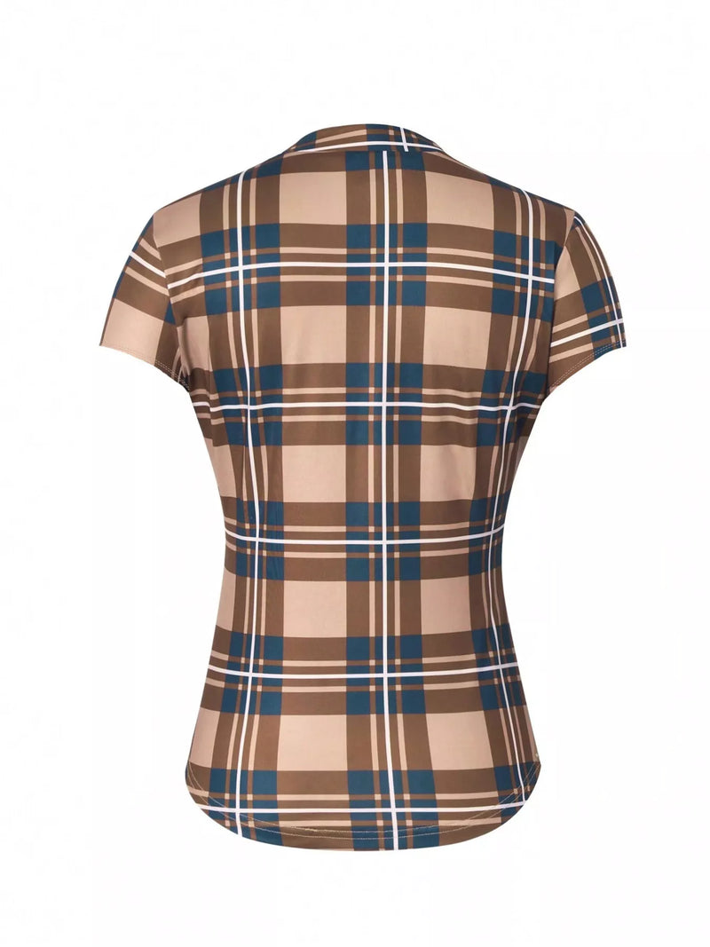Plaid shirt with a brown and blue pattern on a white background