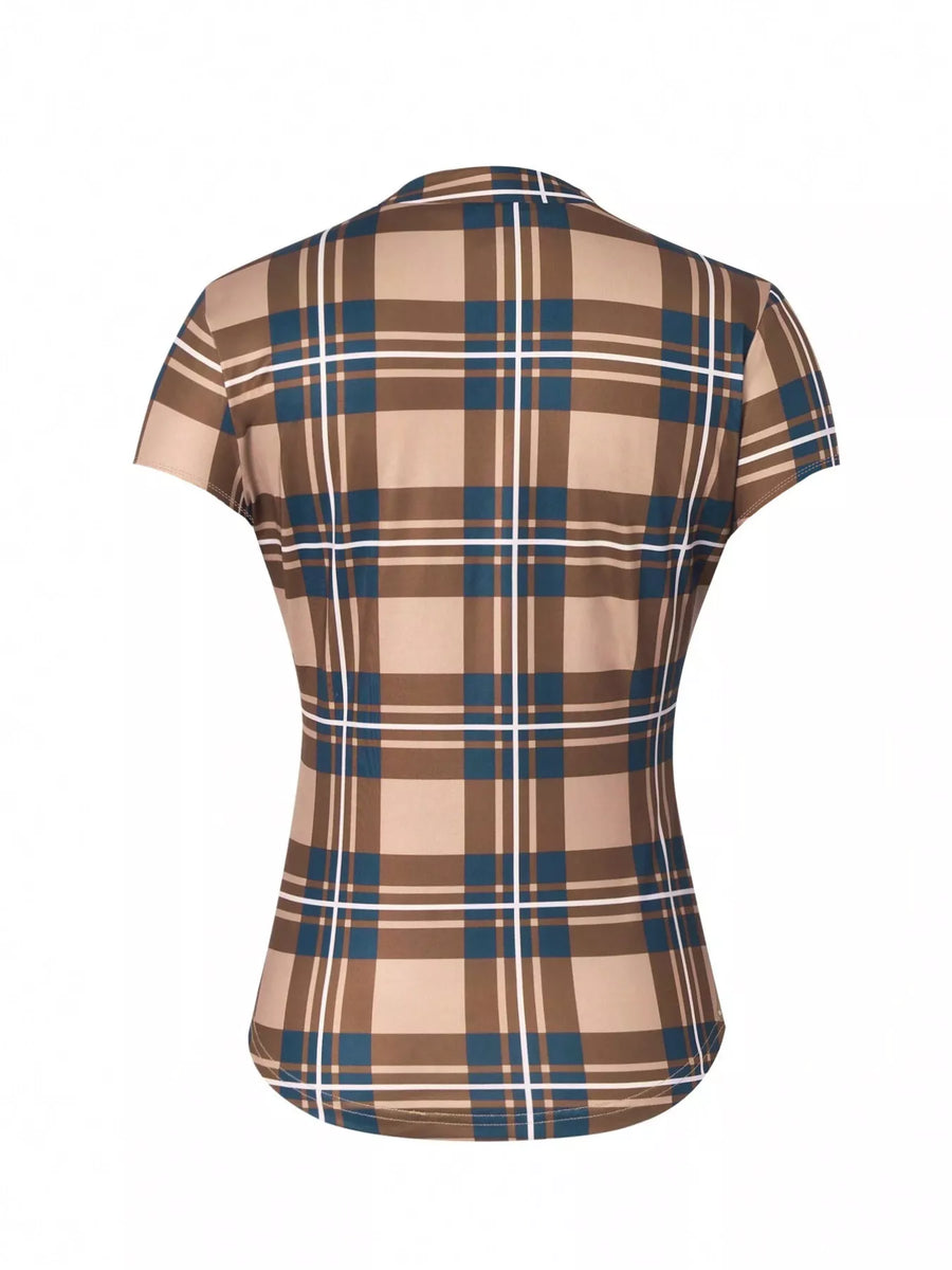 Plaid shirt with a brown and blue pattern on a white background