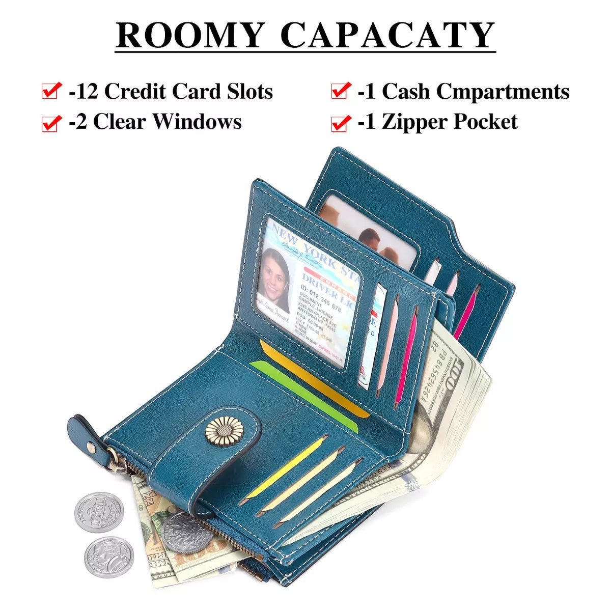 Blue wallet with various compartments and slots on a white background