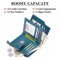 Blue wallet with various compartments and slots on a white background