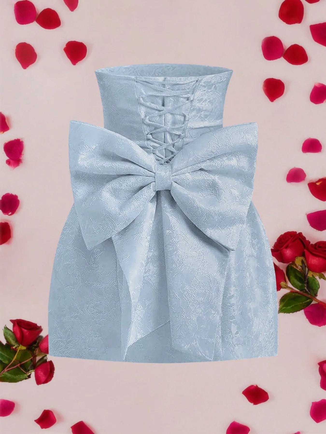 Light blue strapless dress with a large bow on a pink background with red roses and petals.
