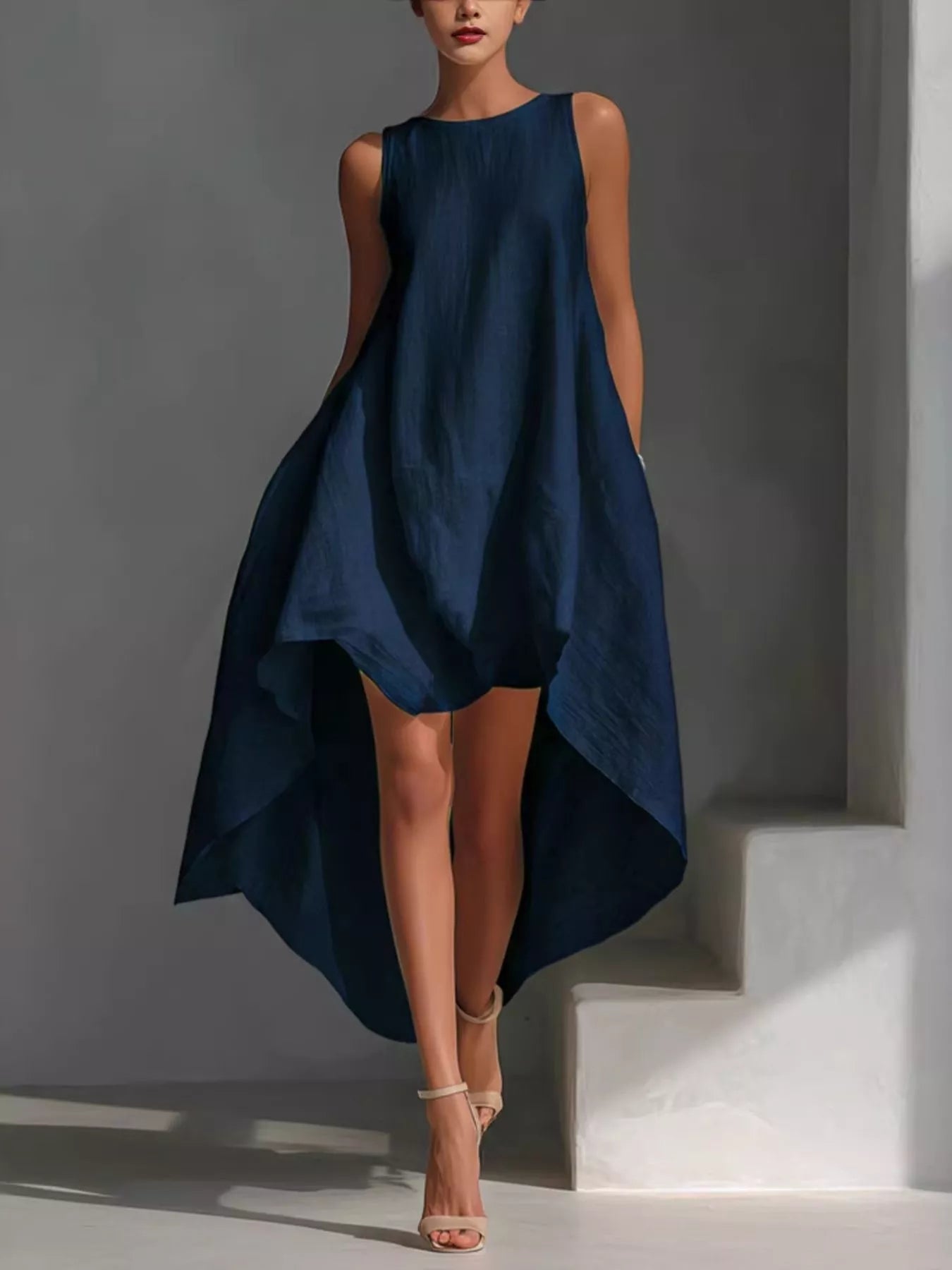 Woman wearing a navy blue dress against a gray background