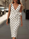 Polka Dot Wrap Midi Dress with Front Tie For Ladies