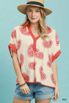 Women's Summer Work Blouse Umgee Paisley Print Contrast Trim Top