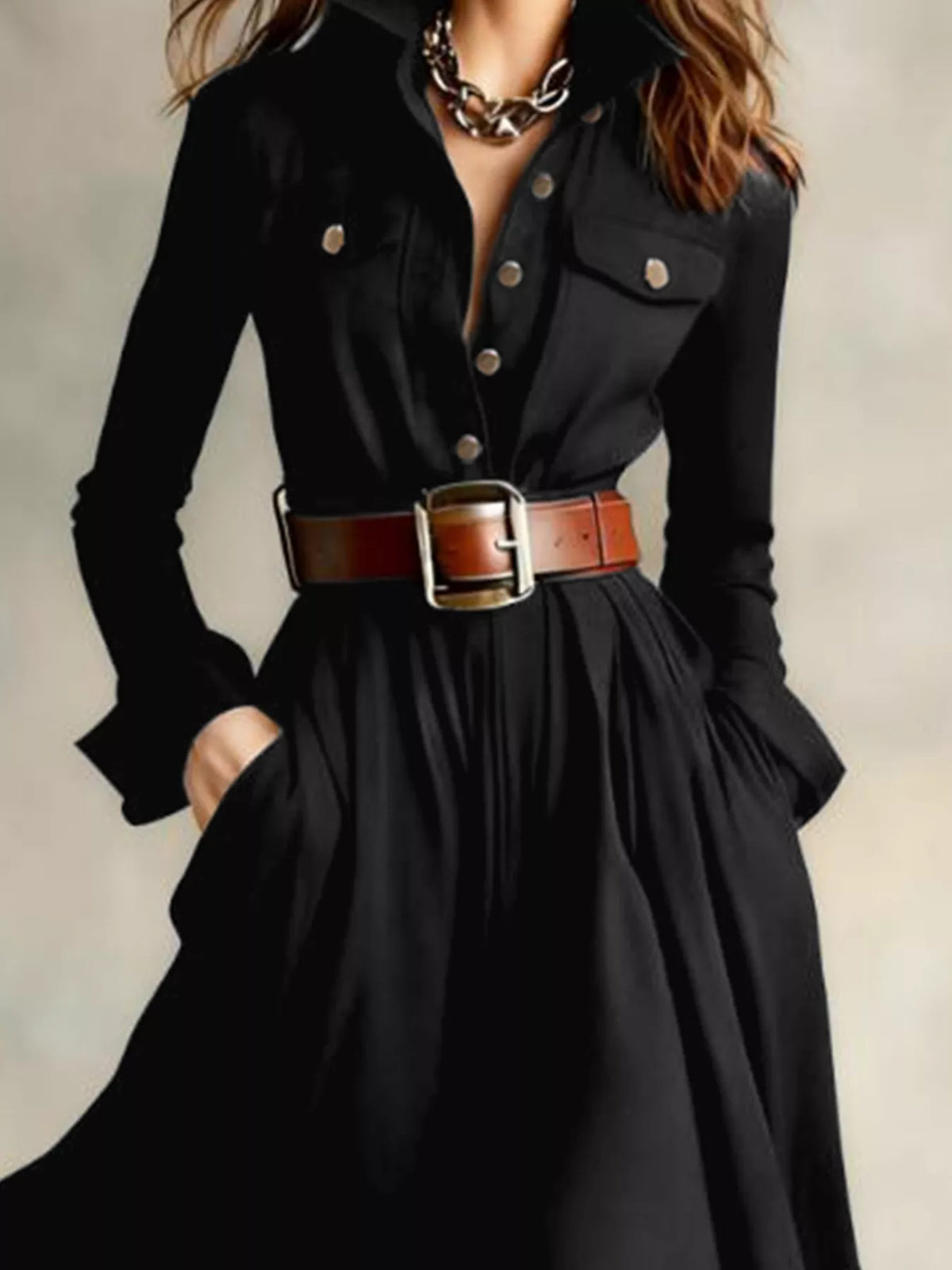 Black dress with a brown belt and chain necklace on a neutral background