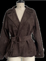 Brown suede jacket on a mannequin with a white background