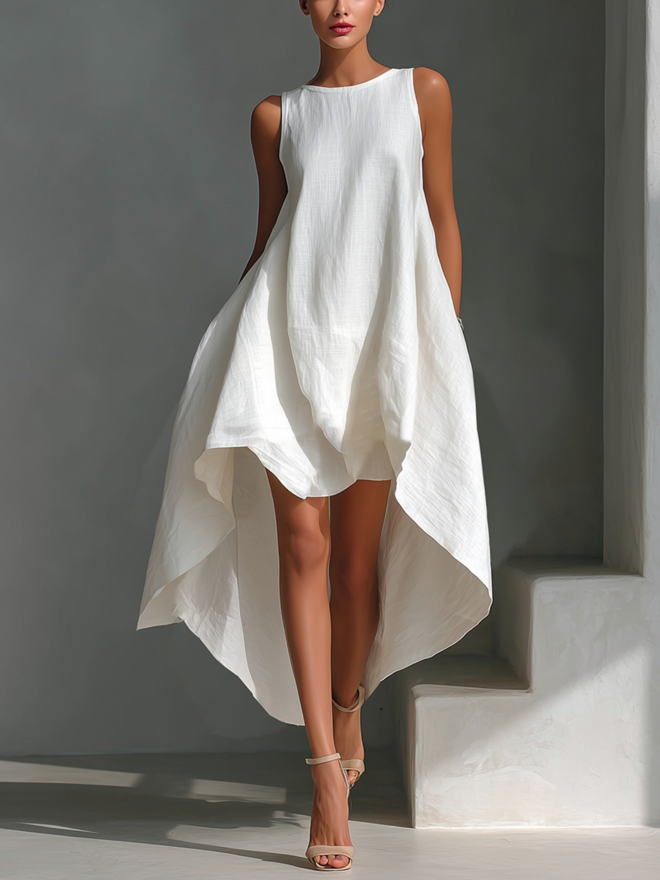 Woman wearing a white sleeveless dress against a gray background