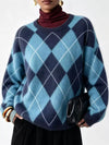 Argyle Pattern Fuzzy Knit Sweater For Women