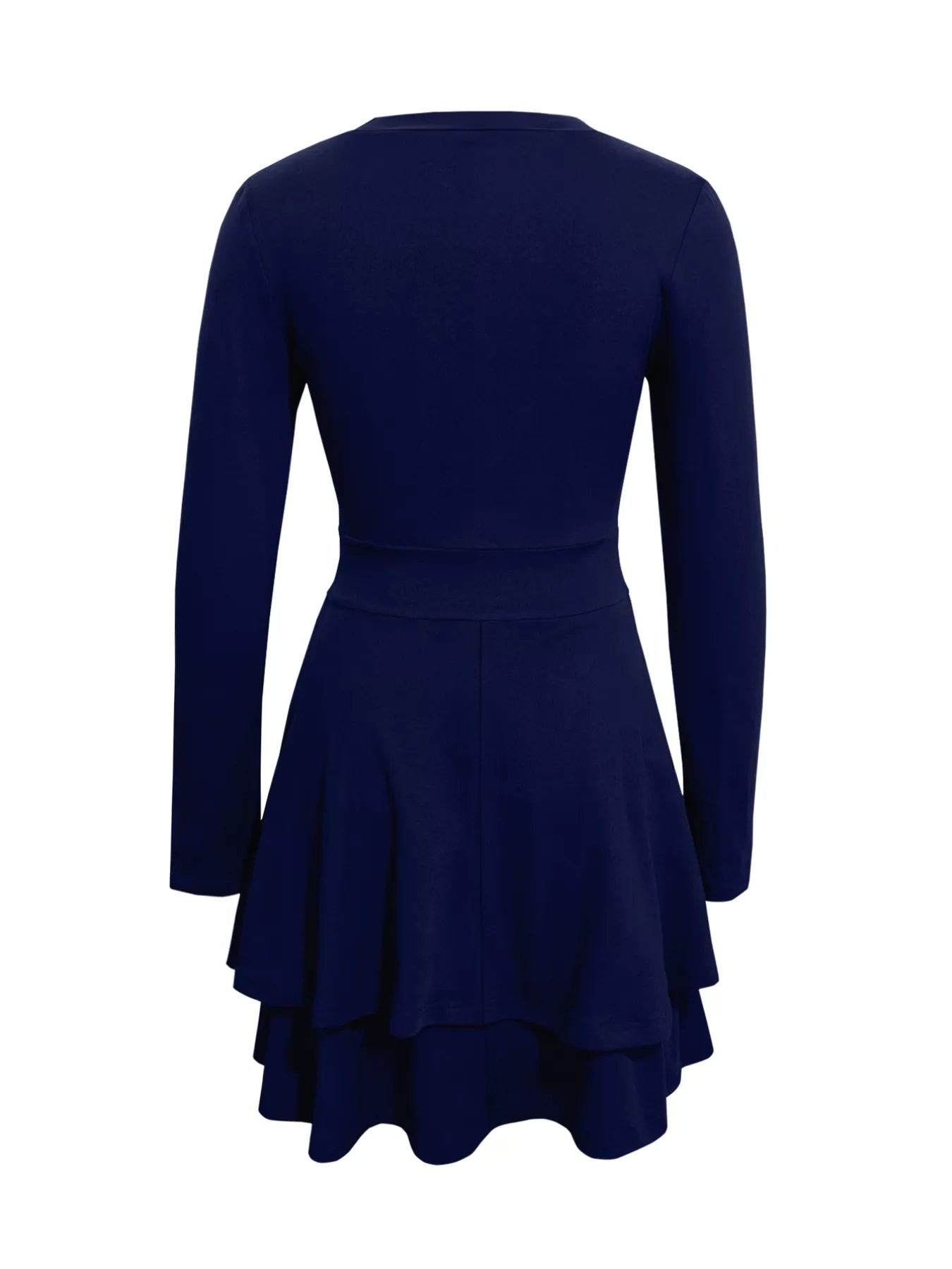 Navy blue dress with long sleeves and a layered skirt on a white background