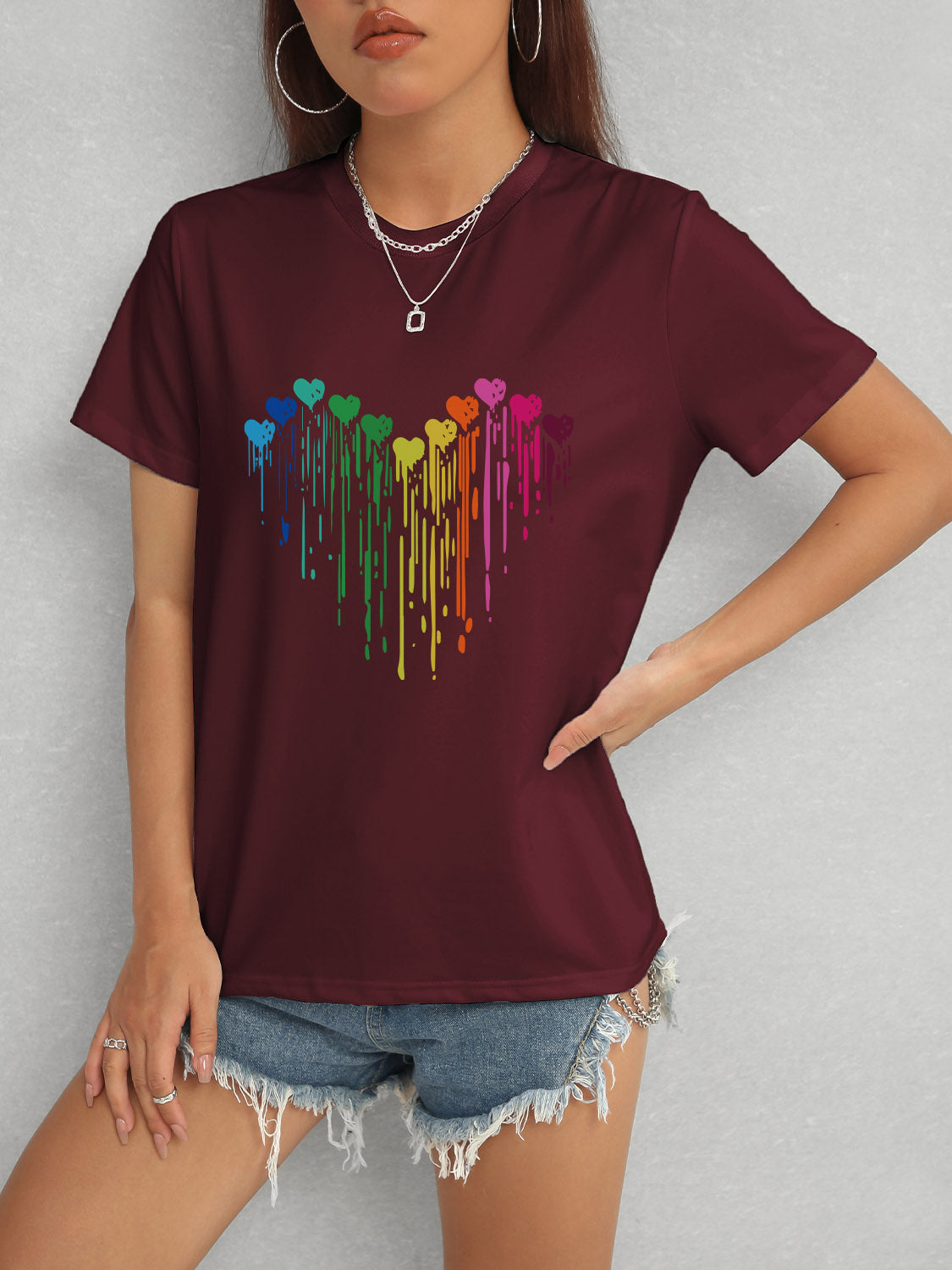 Burgundy Heart Round Neck Short Sleeve T-Shirt