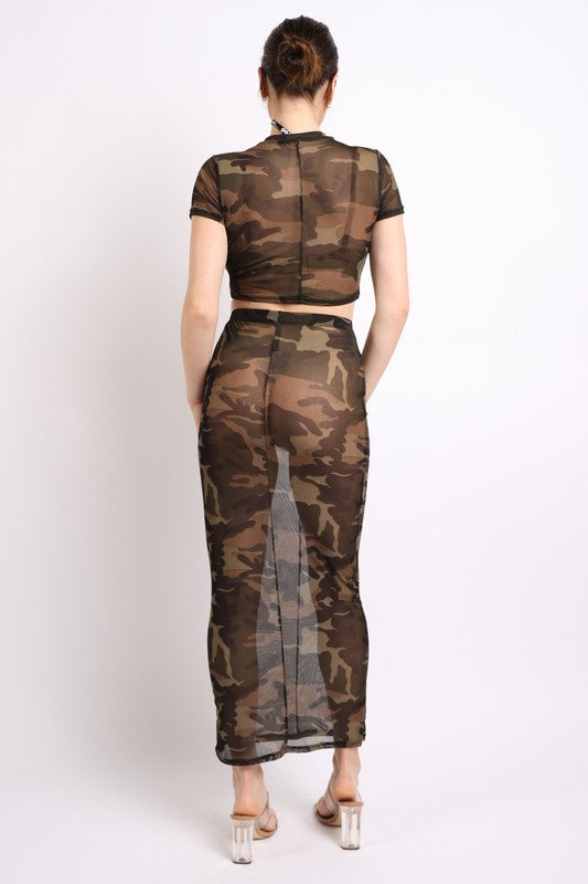 Camo printed top and maxi skirt set