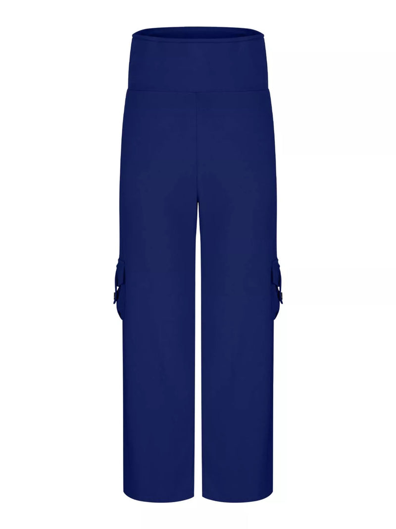 Navy blue cargo pants on a white background