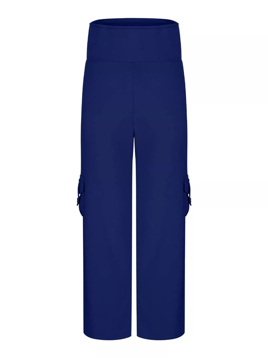 Navy blue cargo pants on a white background