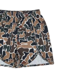 Camouflage-patterned shorts on a white background
