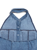 Blue denim apron on a white background