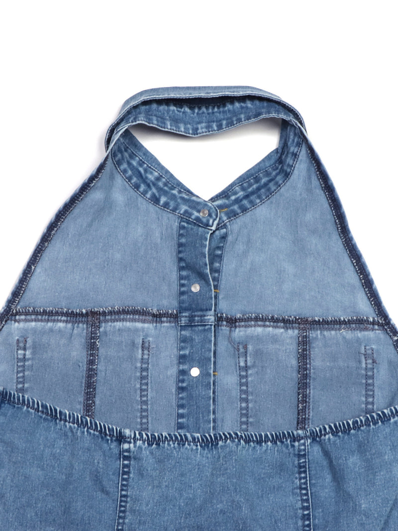 Blue denim apron on a white background