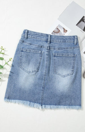 close up view of pockets on Distressed Raw Hem Heart Denim Skirt