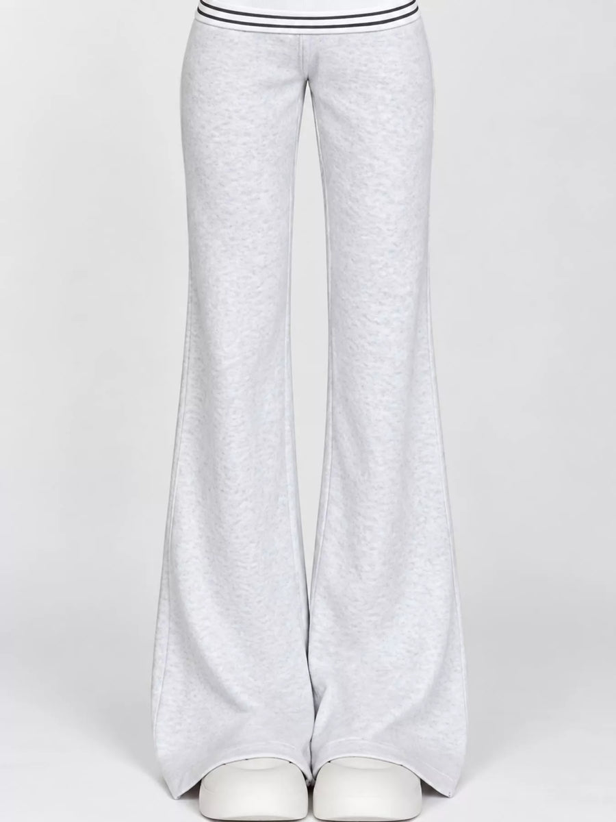Light heather gray wide-leg sweatpants with a double stripe detail at the waistband, shown on a mannequin against a light gray background.