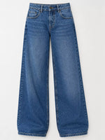 A pair of medium wash blue denim jeans with a wide-leg silhouette, laid flat against a light gray background.