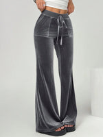 Gray wide-leg pants with a drawstring waist on a white background