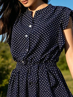 Close up view of black Polka Dot Ruffle Sleeve Tie Waist Dress 