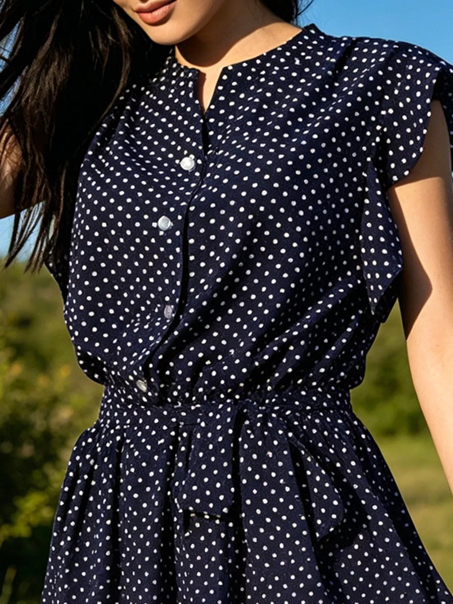 Close up view of black Polka Dot Ruffle Sleeve Tie Waist Dress 