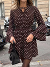 Polka Dot Flare Sleeve Tie Neck Dress