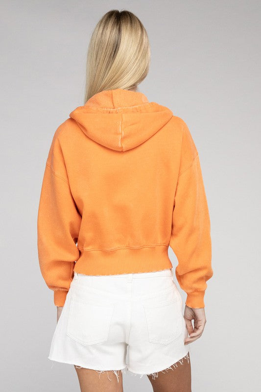 Orange Acid Wash Fleece Cropped Zip-Up Hoodie